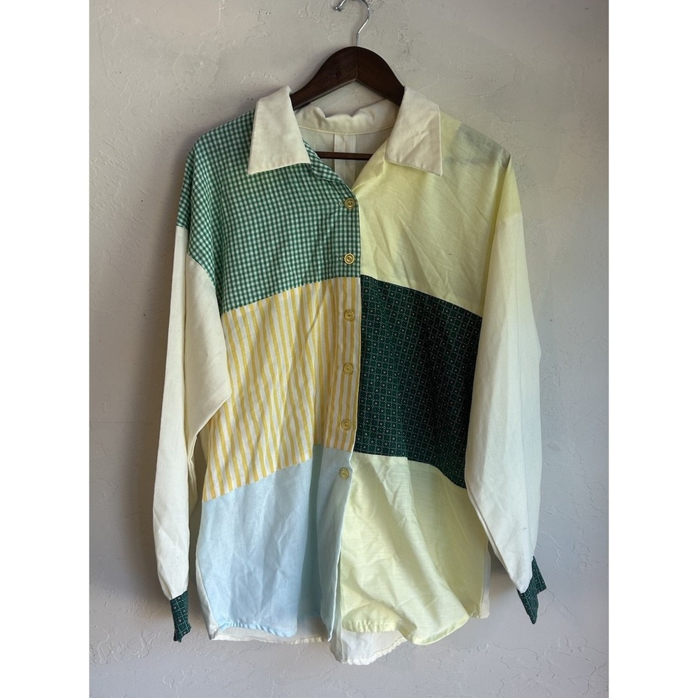 Patchwork Button-Down Shirt in Green and Yellow